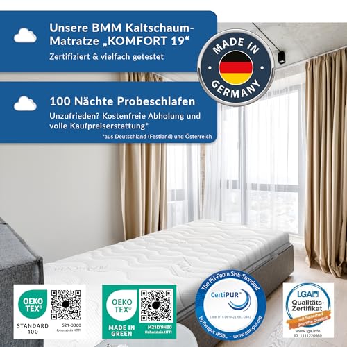 BMM Matratze 90x190 cm Komfort 19 Härtegrad H3 fest/Kaltschaummatratze Öko-Tex Zertifiziert/ergonomische 7 Zonen Matratze Höhe 19 cm/Matratzen produziert in Deutschland