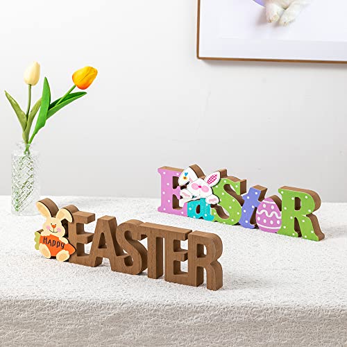 Hogardeck Easter Decorations For The Home, Hogardeck 2 Pcs Rustic Happy Easter Wood Sign Colorful Wooden Block Signs Table Centerpiece Farmhouse Easter Bunny Eggs Decor For Party Fireplace Tiered Tray Office thumb #2