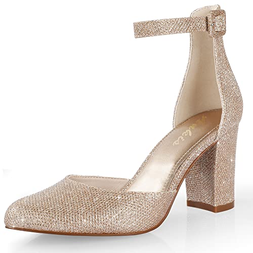 Image of Ankis Closed Toe Heels for Women -Gold Womens Heels Closed Toe Chunky Block Pumps Shoes, 3 Inch