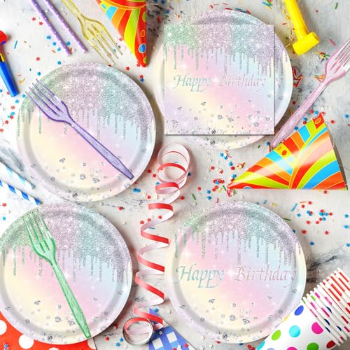 Puevenyi 96Pcs Happy Birthday Party Supplies Iridescent Glitter Diamond Theme Party Decorations Set Include Paper Plates thumb #3