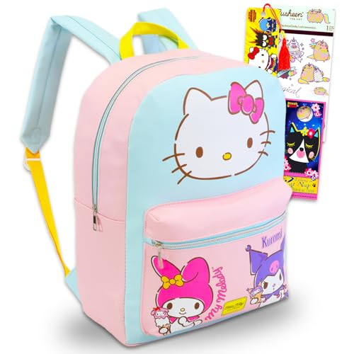 Mochila feminina Hello Kitty and Friends – Pacote com mochila Sanrio de 40,6 cm com marcador de livro My Melody e Kuromi Plus, adesivos, mais | Bolsa Hello Kitty and Friends, rosa, My Melody and