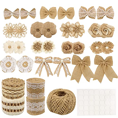 34 PCS Jute Burlap Flowers for Crafts, Natural Handmade Rustic Burlap Flower Bowknots Set, Burlap Ribbons with Lace, Jute Twine, Glue Point for DIY Craft Wreath Gift Wedding Party Christmas by Gbateri