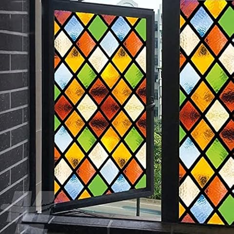 Window Stickers Privacy Window Film Vinyl No Glue Static Cling Color Rhombus Stained Frosted Glass Decorative Window Film Window Sticker,88x200cm Cover