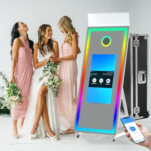 Lustrzana fotobudka ze światłem wypełniającym, przenośny ekran dotykowy Magic Mirror Booth Machine + Mini PC (I5, 8 GB RAM, 256 GB SSD) + etui lotnicze
