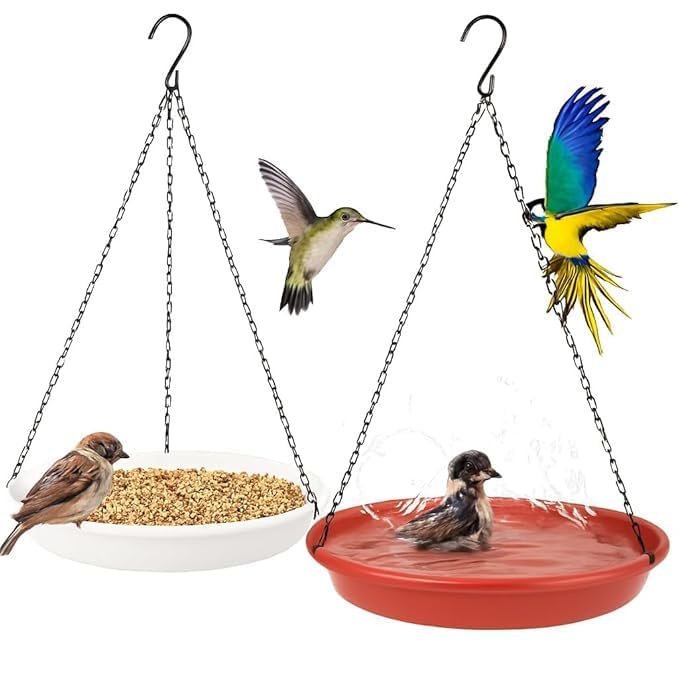 Hanging Bird Feeder and Bird Bath Set, 2 Pack, White and Red, with Metal Chain Hook