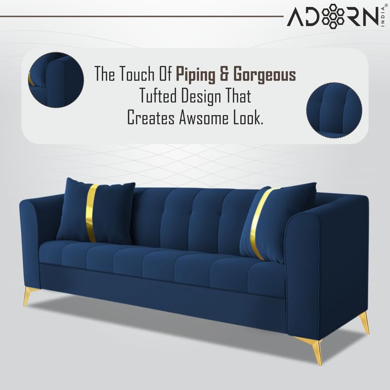 Image of Adorn India Premium Mystic - 3 Years Warranty - 3 Seater Sofa Velvet Suede Fabric - Blue