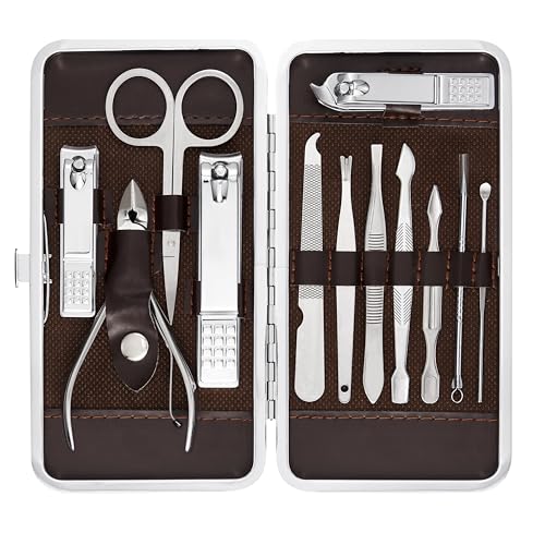 Tseoa Manicure, kit de pedicure, cortador de unhas, kit de cuidados profissionais, ferramentas de unha com estojo de viagem luxuoso, conjunto de 12 unidades. (cortadores de unhas 12 peças)
