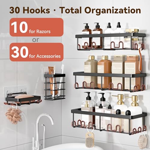 Image of YASONIC Shower Caddy Adhesive, 100% Rustproof Shower Organizer with Soap and Toothbrush Holder, Large Capacity Shower Shelves for Inside Shower, No Drill Shower Storage for Home (5 Pack Black)