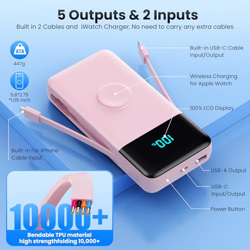 Image of Portable Charger Power Bank 40800mAh with Built-in Cables,25W Fast Phone Charging Portable Battery Pack,5 Outputs Travel Essentials Outdoor External Battery for iPhone 17 /16,Galaxy Android etc-Pink