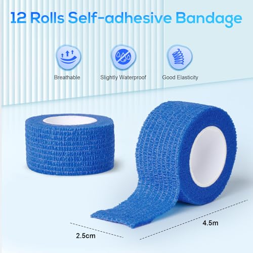 AiQInu 12 Rollen Selbstklebender Verband, 2.5cm x 4.5m, Hypoallergen, Atmungsaktiv, Fixierbinde, Elastische Bandage, Selbstklebende Elastische Binden, für Katze, Hund, Pferd Bein Klebeverband