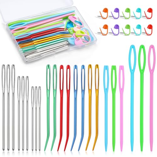 Lot de 37 aiguilles à laine Aiguilles à repriser Aiguilles à tapisserie Aiguilles émoussées à gros chas et aiguilles à coudre pour crochet avec marqueurs de point...