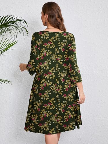 Image of AusLook Women's Plus Midi Dresses Crew Neck A Line 3 /4 Sleeves Casual Elegant Loose Wedding Vacation Dress with Pockets