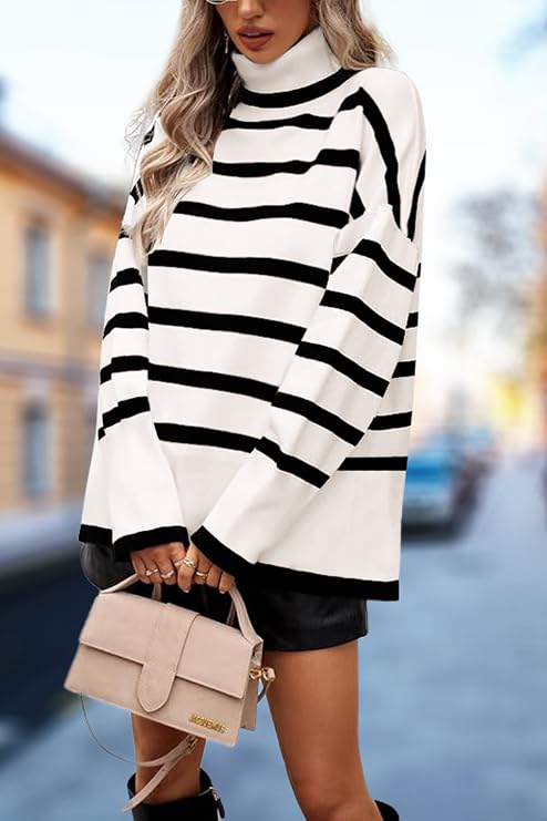 Image of Women's Turtleneck Oversized Sweaters Long Sleeve Split Hem Striped Knit Pullover Tops