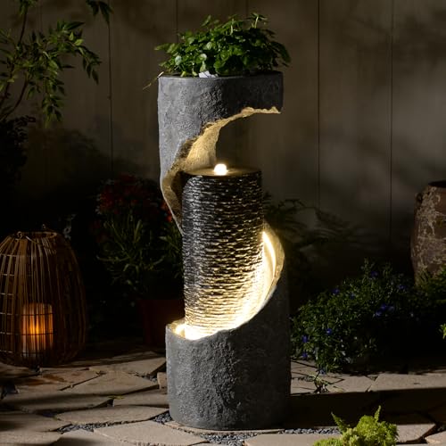 Bumilgar 90 cm Moderner Gartenbrunnen mit LED, freistehendes Bubble-Floorstanding-Wasserfeature für Innen & Außen – Hof, Wohnzimmer, Terrasse, Veranda, Eingang, Grau