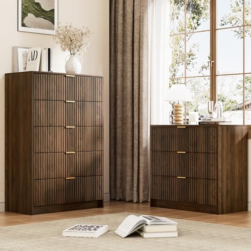Image of Furniway Walnut Dresser for Bedroom, Tall Dresser with 5 Drawers and Smooth Slides, Modern Chest of Drawers with Golden Handles for Bedroom, Living Room, Closet, 15.7 inch D x 31.5 inch W x 47.2 inch H