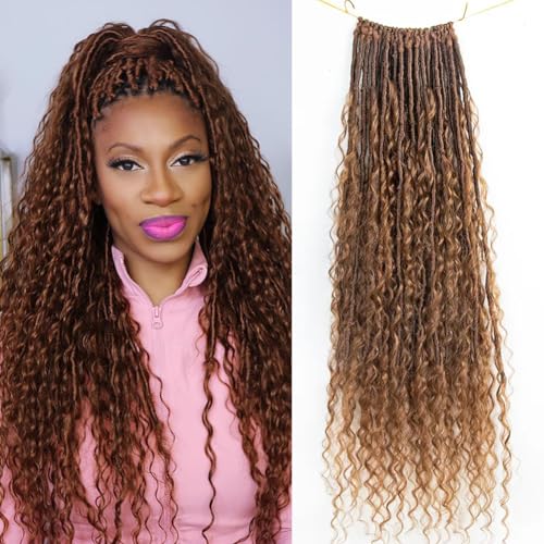 Crochet Boho Faux Locs With Human Hair Curls Color 30 Pre-looped Goddess Locs Crochet Hair Bohemian Soft Locs Braiding Hair Extensions With Curly Ends for Women 18inch (1 Pack/24Locs)