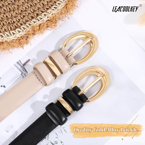 LEACOOLKEY 2 Pack Women Leather Belts for Jeans Dress Fashion Belt with Gold Silver Buckle Total Length 39",Suit for Waist Size 25"-30"3