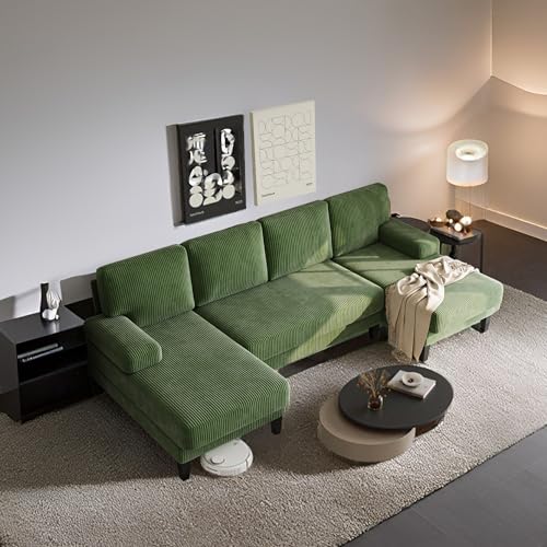 ASAHREE 112'' Corduroy Sectional Couch for Living Room, Modular U- Shape Sleeper Sofa Set with Double Chaise&Comfy Armrest, Oversized 4 Seat U Shaped Sofa Set for Small Space, Apartment, Green