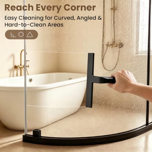 Image of 10 Inch Silicone Shower Squeegee for Glass Doors, Streak-Free, Black | No-Squeak Silicone Blade, Ergonomic Round Grip and Built-In Hook for Quick Daily Cleaning of Shower Glass, Tile and Windows
