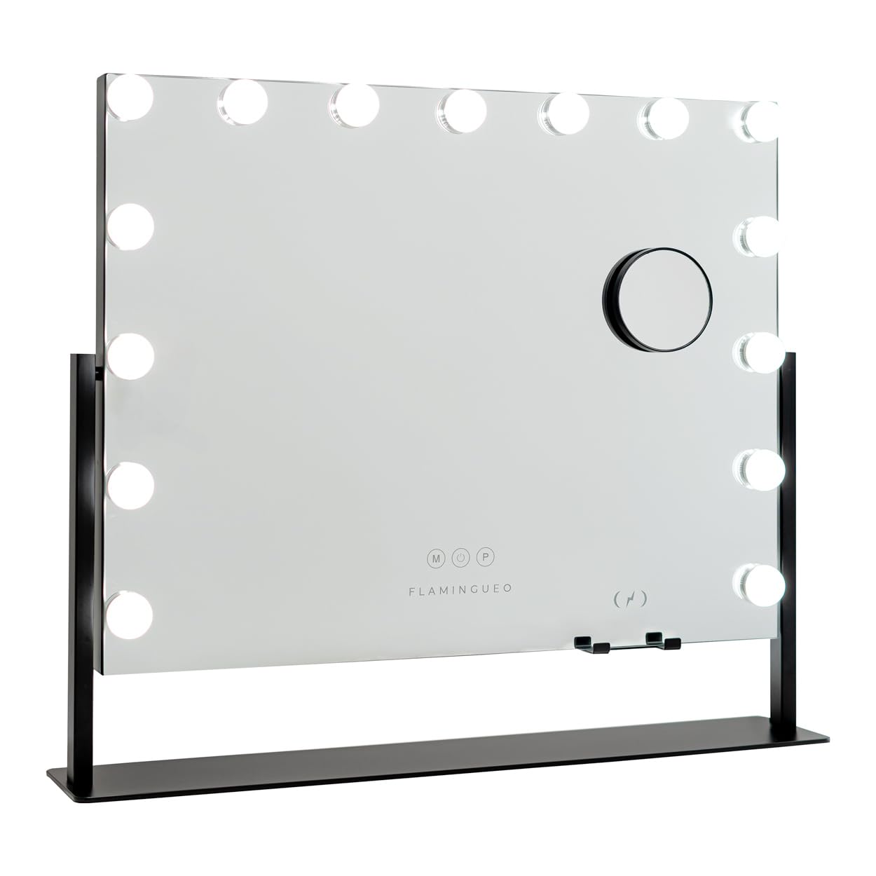 Flamingueo Espejo Maquillaje con Luz - 15 LED - 3 Modos de Luz - Intensidad Ajustable - Control Táctil - Cargador Inalámbrico para Móvil - Espejo Aumento - Posición Regulable - Negro - 64x12x54,5cm