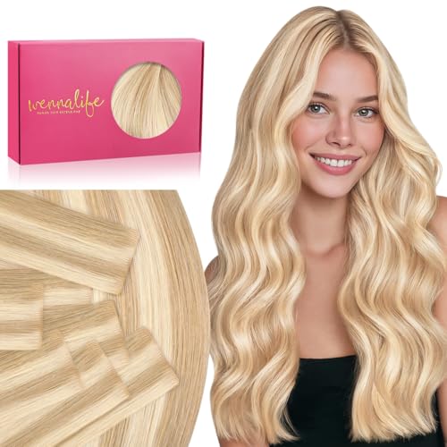 Image of WENNALIFE Invisi Edge Tape in Hair Extensions Human Hair | 24 Inch 50g 20pcs Dirty Blonde Highlighted Bleach Blonde Invisi Remy Hair tensions Seamless Injected Tape Ins Straight
