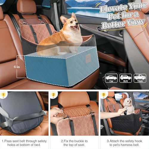 INDYBUD Hunde Autositz für kleine bis mittlere Hunde,Waschbarer hundesitz Auto mit Aufbewahrungstaschen, verdickter Hundeautositz Sitzerhöhung Hundebett Auto für Vordersitz (Schwarz Braun, Mittel)