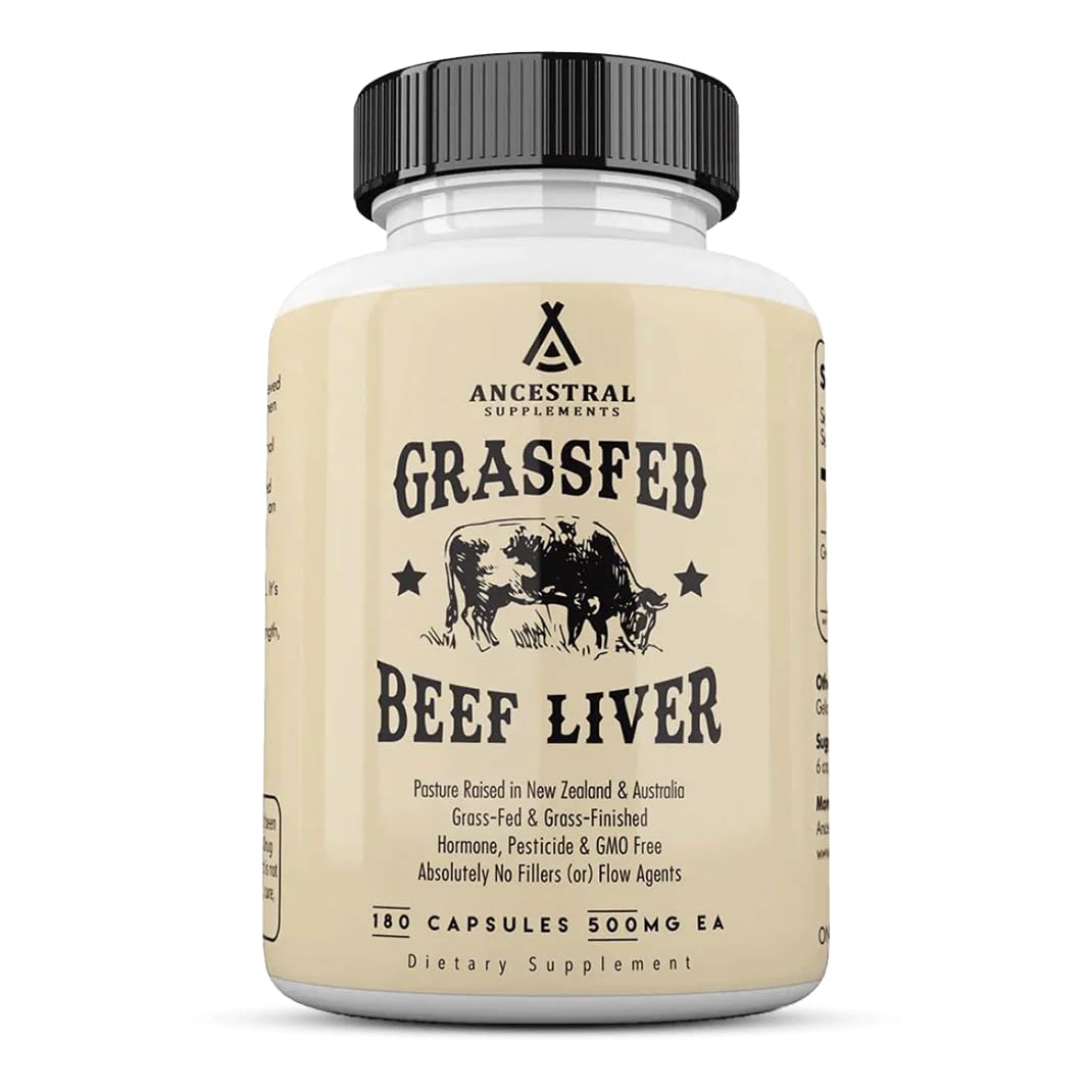 Grasgefütterte Rinderleberkapseln von Ancestral Supplements, Vollspektrum-Nahrung, reich an B-Vitaminen, Eisen & Magnesium - 180 Kapseln - 500 mg