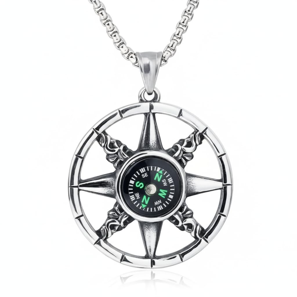m men style Men’s Metal Compass Pendant Necklace with 24 Inch Chain | Travel & Biker Style Metal Necklace for Men Silver SPnL202632-picture-18