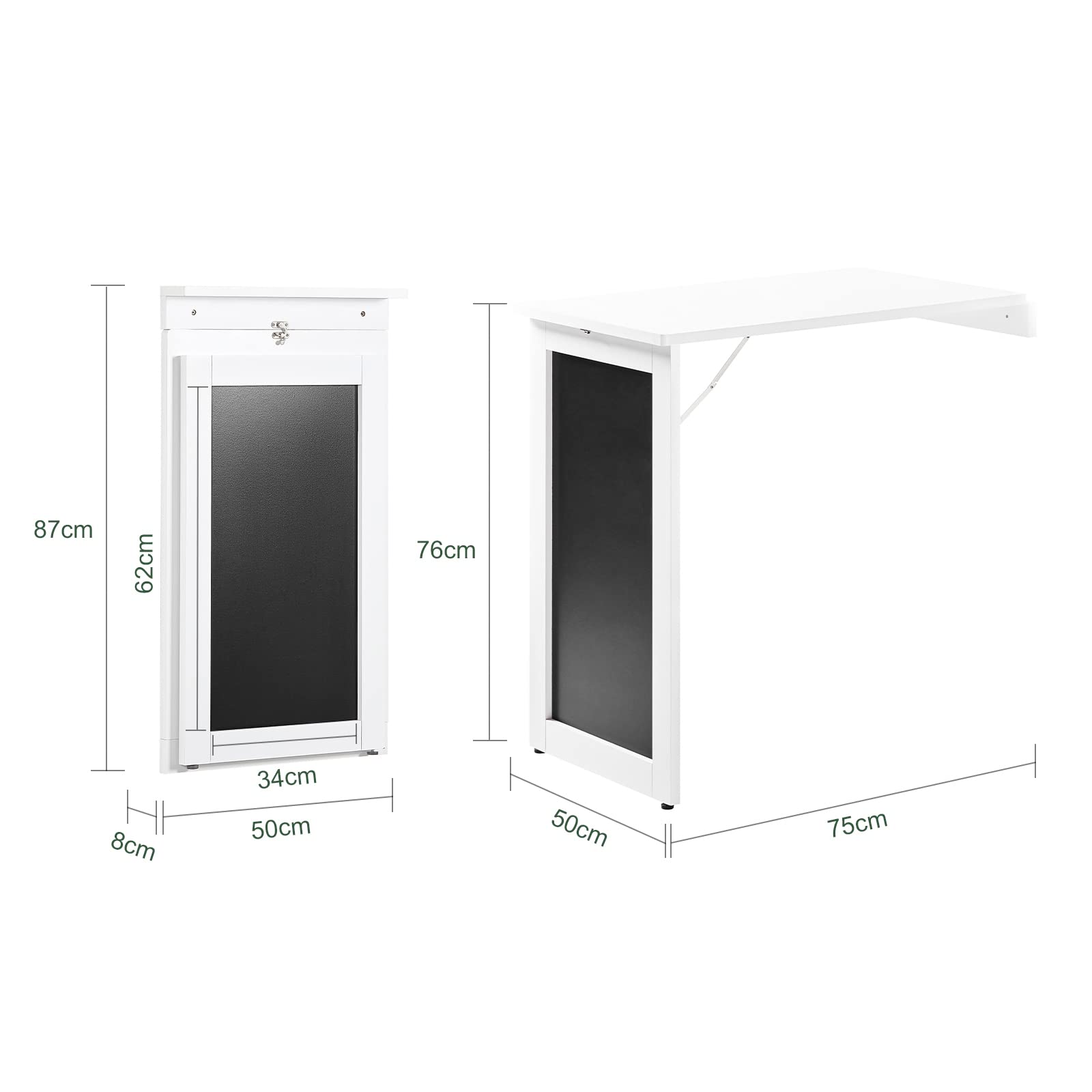 SoBuy Tavolo Pieghevole da Muro con Foglia Abbattibile Tavolo da Pranzo Allungabile con Lavagna Memo Tavolo Salvaspazio Pieghevole per Cucina, Ufficio e Piccoli Spazi Bianco 50 x 75 x 76 cm FWT20-W