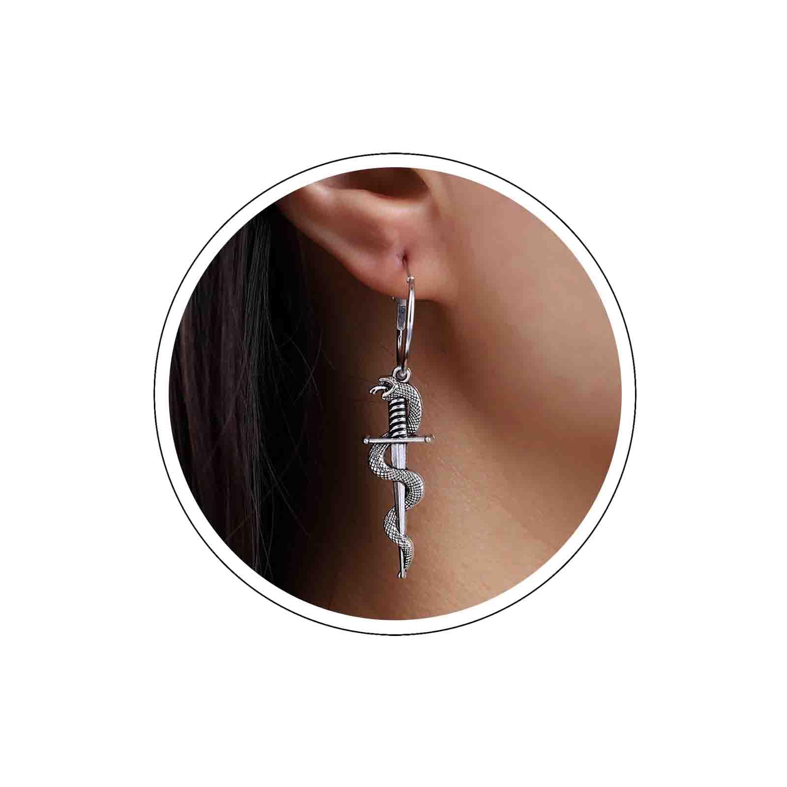 AtentuyiBoho Rock Gothic Cross Earrings Silver Sword Hoop Earrings Wrap Dragon Drop Dangle Earrings Goth Vintage Huggie Earrings Jewelry for Women and Girls