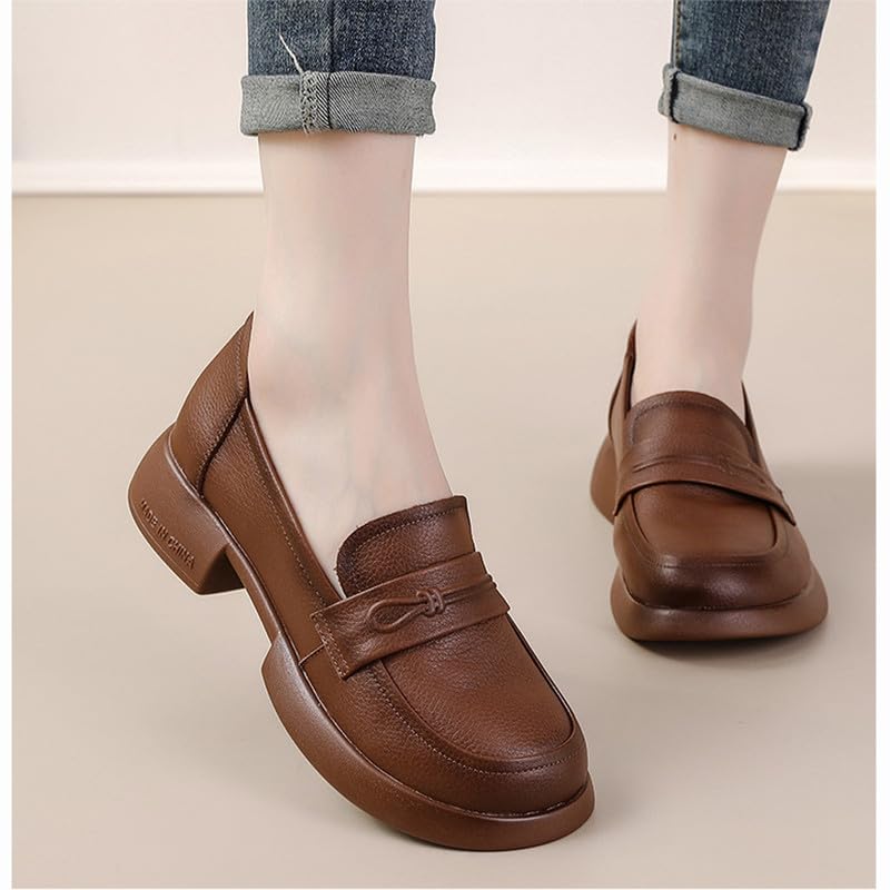 Image of Women's Penny Loafers Low Chunky Heel Brown Leather Dress Shoes for Work US Size 7.5-8