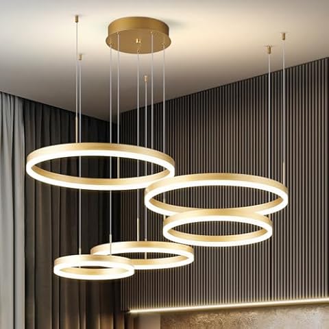 FDPBY Modern Gold Ring Chandelier LED Circle Geometric Pendant Light Dimmable 5 Rings Ceiling Light Fixtures High Ceiling Foyer Chandelier for Living Room Dining Room Bedroom Cover