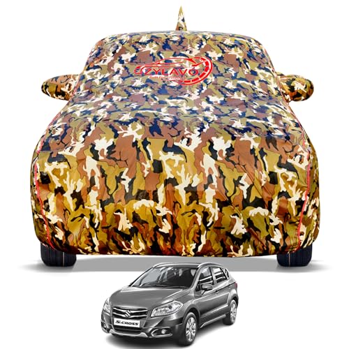 Image of Premium Car Cover for Maruti S-Cross (2014-2016) Models | Waterproof, UV & Dust Protection | Mirror & Antenna Pocket | Triple Stitched, Soft Inner Lining, Belt & Buckle (Jungle Print)