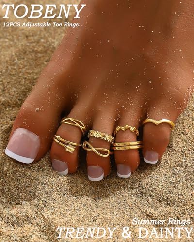 TOBENY 12PCS 14K Gold Plated Adjustable Toe Rings for Women Flower Arrow Band Open Tail Ring Women Beach Foot Jewelry Set2