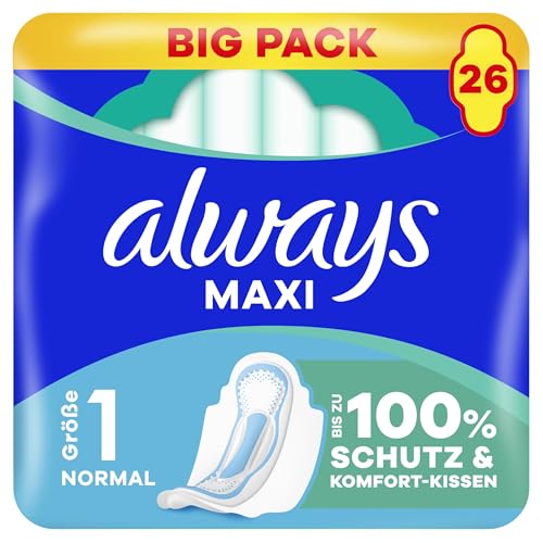 Always Maxi Normal Binden (Größe 1) Flügel 26 Stück Für Stärkere Tage Damenbinden Bis Zu 100% Schutz & Komfort-Kissen