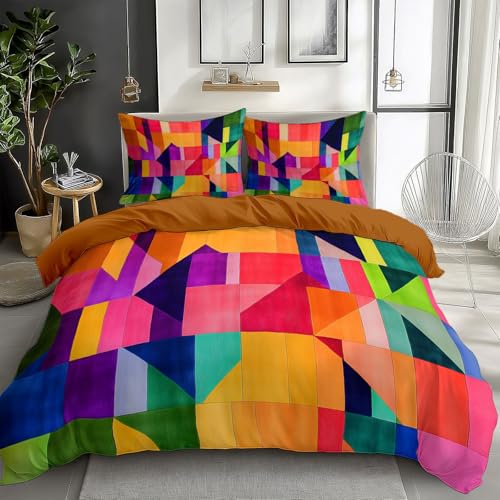Reversible Bedding Set Duvet Cover Set Cot-bed for Kids Toddler- Colorful Geometry Printed Quilted Comforter Cover with 1 Pillowcases, Rust Orange, Microfiber, Zipper Closure, 2 Pieces