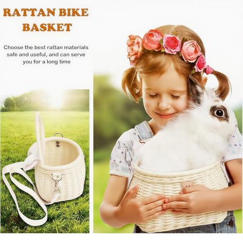 SVNR Fahrradkorb für Kinder Fahrradkorb Vorne, Fahrrad Korb Roller Dreiradkorb, handgewebter Rucksack mit Deckel Schultergurt, Rattankorb, Vorderlenkerkorb, Beige