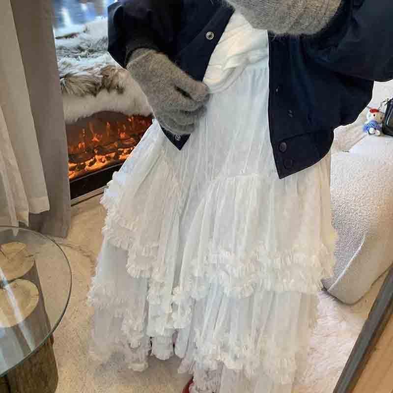 Women's Sweet Mesh Cake Skirt Splicing Versatile Irregular Long Skirt Half Body Skirt3