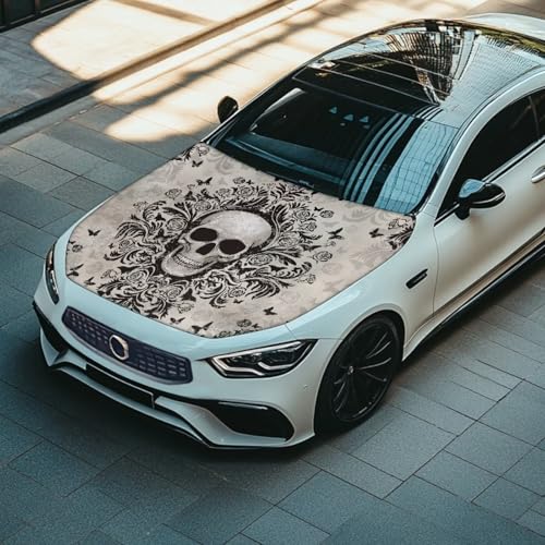 Image of Car Hood Cover Protector Waterproof Sun-Proof Auto Hood Flag Skull Stretch Polyester Fabric Cover Removable Automotive Accessories Ft Fits Most Cars