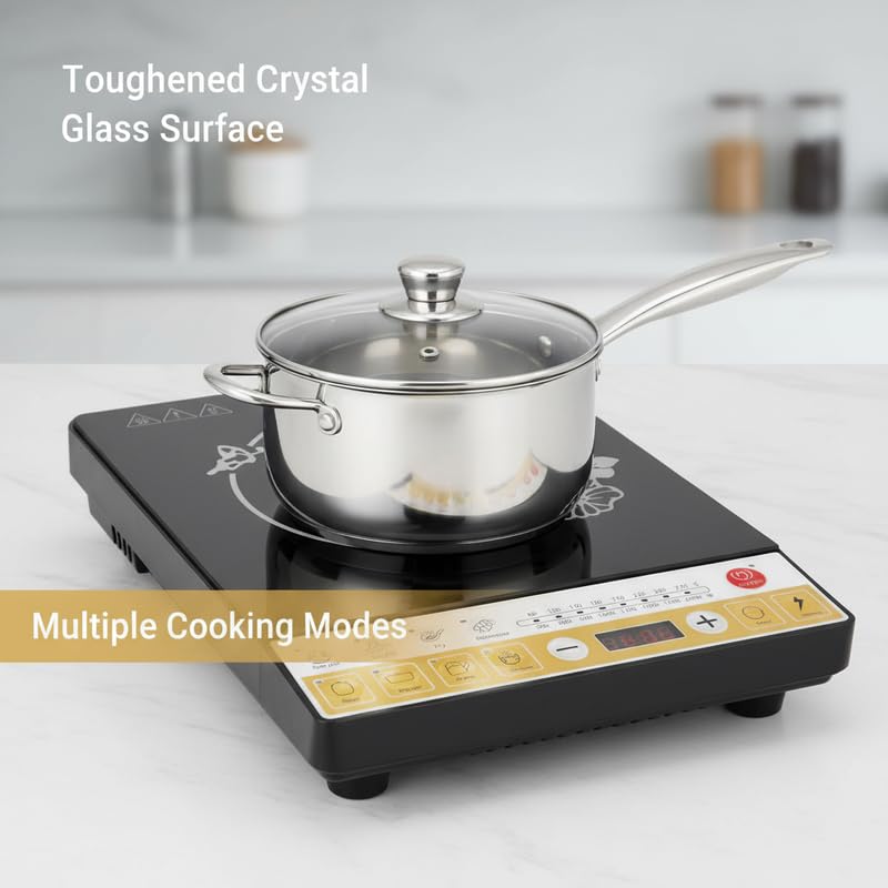 Image of Drumstone (15 Years Warranty) 2000W Electric Induction Cooktop - Portable Induction Stove with LED Touch Panel, Crystal Glass Cooktop for Kitchen Use