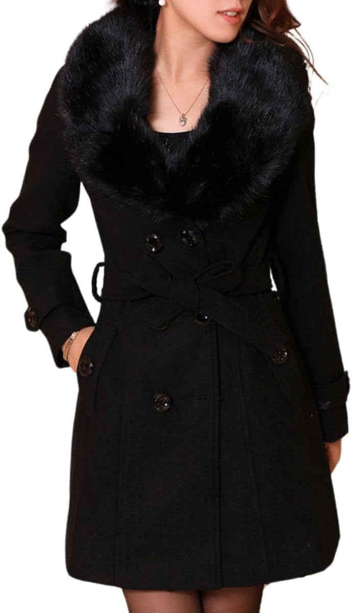 Cappotto Invernale Lungo da Donna Elegante Doppiopetto di Media Lunghezza con Collo in Pelliccia Sintetica Maniche Lunghe con Cintura Trench Invernale