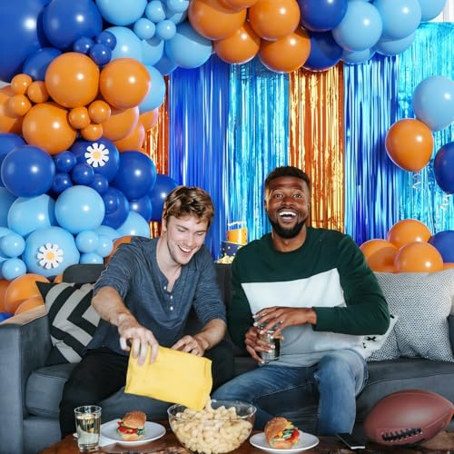 Image of Blue Orange Balloon Arch Garland Kit Birthday Party Decorations, Orange Blue and Light Blue Foil Fringe Curtains Backdrop Tinsel Streamers Banner Photo Booth Props Dog Themed Party Decor Supplies