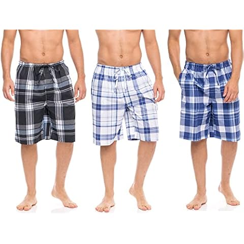 Men's Lounge Pajama Sleep Shorts/Woven Jam Dorm Shorts Drawstring & Pockets - 3 Pack (3 Pack- Blues-Blacks Plaids, Medium) Cover