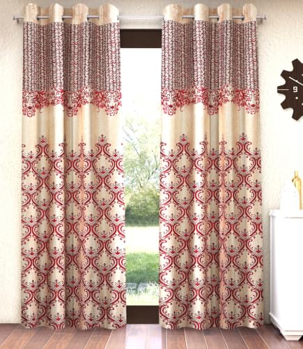 Image of Home Sizzler 2 Pieces Regal Damask Grommet Polyester Window Curtain - 5 Feet, Maroon