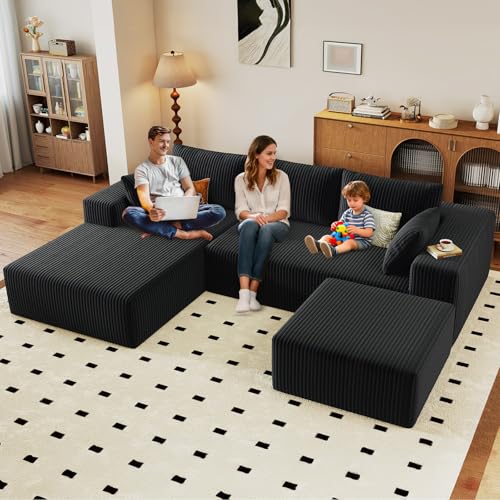 Image of 96 inch U-Shape Cloud Couch, Modern Modular Sectional L-Shape Sofa with Ottoman, Corduroy Upholstered Couches Deep Seat Sleeper Chaise Longue for Living Room, No Assembly Required(Black, Left Facing)