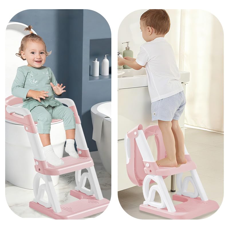 Réducteur Toilette Enfant avec Marche, Rehausseur Toilette Enfant avec PU-Coussin, Réducteur WC, Bébé de Siege, Réglable en Hauteur et Pliable,PVC (rose)