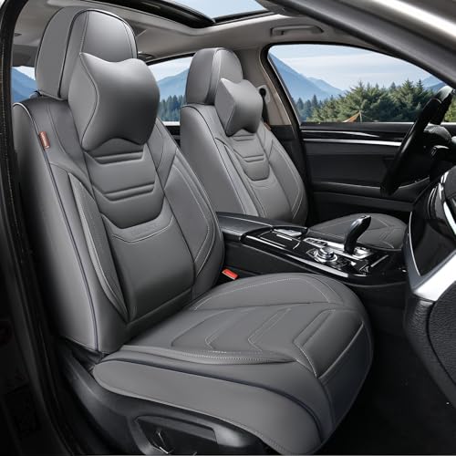 Image of TIEHESYT Leather Seat Covers Front Pair with Lumbar Support & Headrest, Breathable and Waterproof Car Seat Cover, Universal Seat Covers for Cars, Trucks, SUVs, Airbag Compatible, Gray