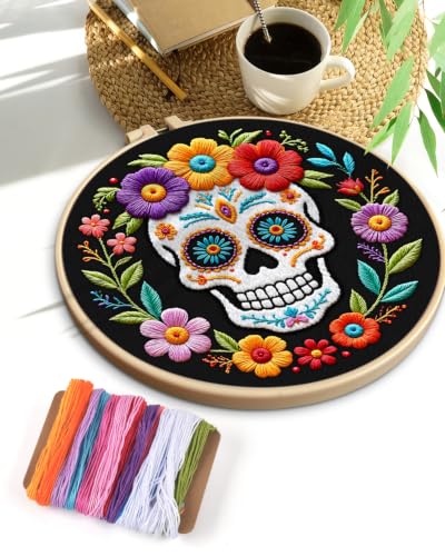 Image of TINDTOP Embroidery Kit for Adult Beginners, Embroidery DIY Starter Kit, with Stamped Patterns, Hoop, Tools, Colorful Threads with Needles, Instructions (Skeleton B)