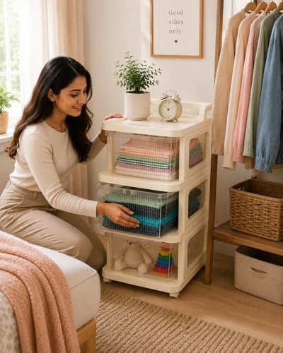 Image of URBAN LUXY Plastic Storage Drawer Organizer with Wheels | Multi-Purpose Chest of Drawers for Home, Office & Bedroom | Clothes, Toys & Stationery Organizer ((Ivory & Brown), 3 Layer)