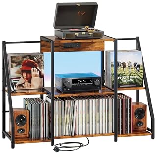 Record Player Stand, Vinyl Record Holder Up to 300 Albums, Large Player Table with Power Outlet and LED Light, Vintage Storage Rack for Magazine, Book, Files, Albums - Les Beatles, Paul McCartney, John Lennon, RIngo Starr, George Harrison